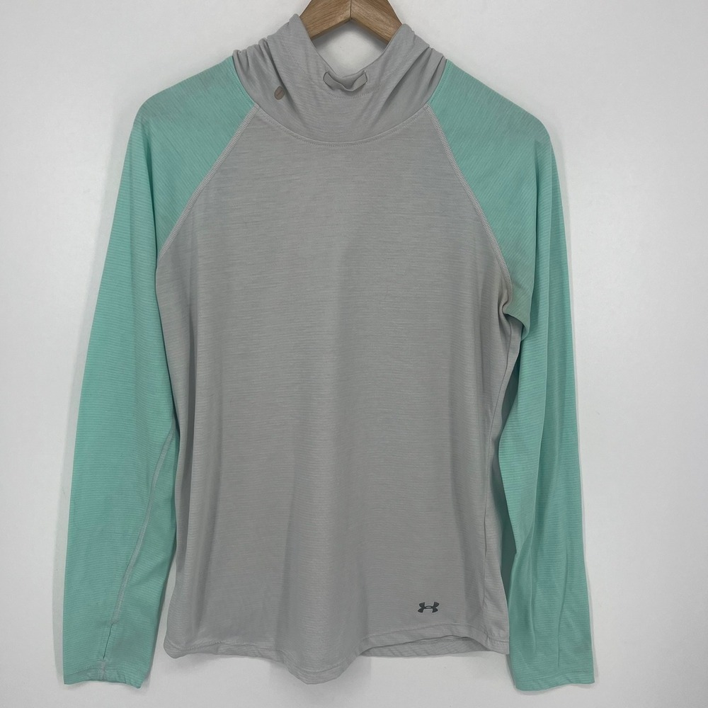 Under Armour Run Hoodie Womens Grey Mint Green Performance Long Sleeve Top